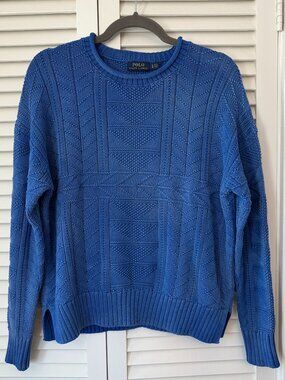 Polo Ralph Lauren crewneck sweater large blue rollneck cableknit preppy cotton